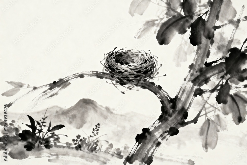 Fototapeta premium Ink drawing of an empty bird's nest on a curved branch, with wind indicated by tilt and blurred edges