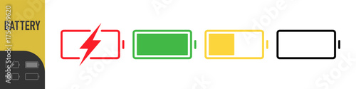 battery icon set with charge levels from full and low - charging symbol - representing power, energy storage, and readiness for use in electronic devices. Color set icons