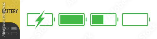 battery icon set with charge levels from full and low - charging symbol - representing power, energy storage, and readiness for use in electronic devices. Color set icons