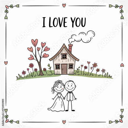 Love and Home: A heart-warming illustration of two stick figures standing in front of a quaint house and beautiful surroundings, expressing love and togetherness. 