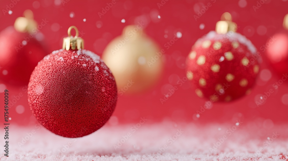 Fototapeta premium Red and gold Christmas ornaments float gracefully against a vibrant red background, creating a festive atmosphere perfect for holiday celebrations and seasonal decor