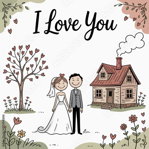 Eternal Love's Sanctuary: An enchanting illustration that depicts a just-married couple, hand in hand, set against a backdrop of their dream home and a heart-adorned tree.