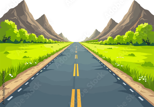Countryside asphalt road between green meadows sunny day travel and freedom concept on a white background