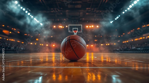 Basketball on court with hoop and stadium lights in background with smoke and blurred crowd