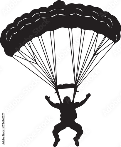 Silhouette of a skydiver with open parachute descending against a white background skydiving freefall on transparent background