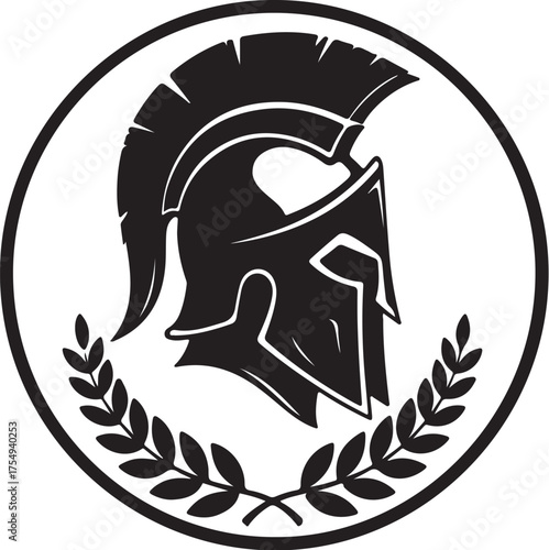 Black Silhouette of a Spartan Helmet with Laurel Wreaths Inside a Circle warrior ancient on transparent background