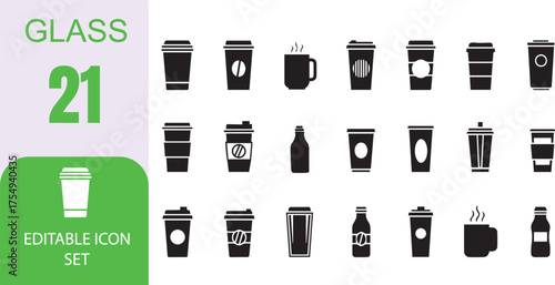 Collection of various reusable coffee cups and bottles for drinks in a modern flat design style