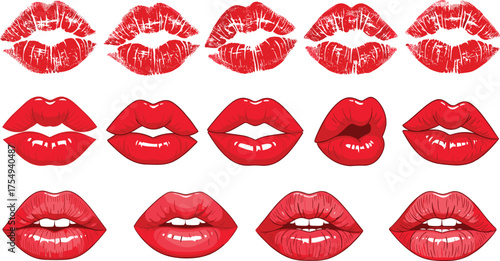 Set of realistic and stylized red lips and lipstick kiss marks, a vector graphic collection for beauty and fashion design isolated on a white background