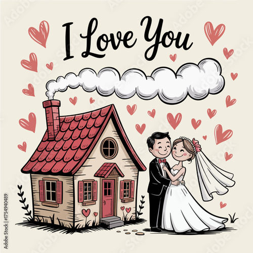 Eternal Vows: The heartwarming depiction of a couple standing in front of their lovely home, surrounded by a collection of hearts, which symbolizes everlasting love.