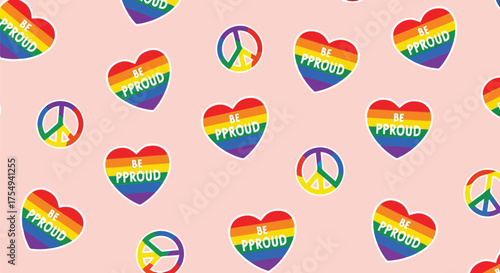 Vector illustration of a repeating pattern of rainbow hearts with be proud text and peace signs on a pink background