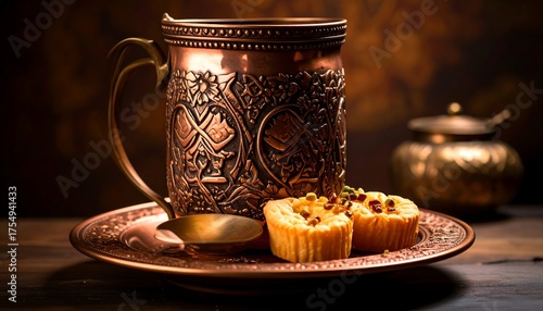 Ornate copper mug and dessert, resting on decorative plate