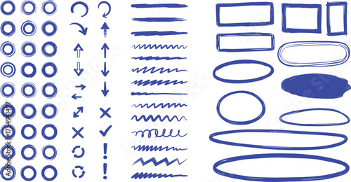 Collection of Blue Hand-Drawn Graphic Elements and Symbols for Creative Design Projects