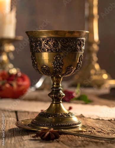 Ornate golden chalice on a table with candlelight and elegant decor