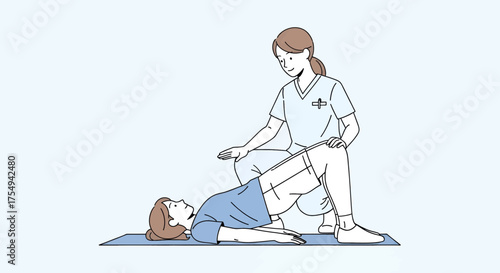 Woman receiving physical therapy treatment from a healthcare professional, modern illustration of rehabilitation and recovery, ideal for healthcare marketing