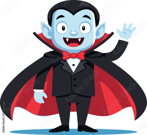 Friendly cartoon vampire character illustration, cheerfully waving hello with a wide smile, dressed in a classic black cape and bow tie, perfect for Halloween and spooky season designs
