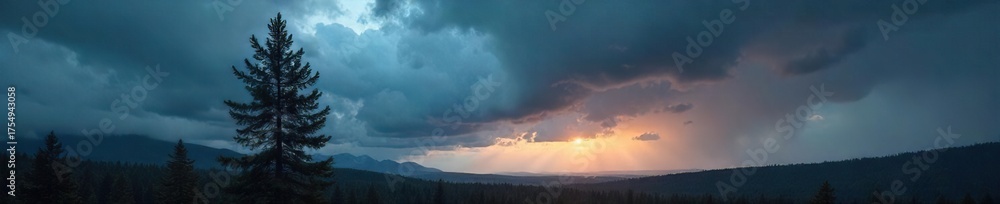 Fototapeta premium Lone Evergreen Silhouette Against a Dramatic Canadian Sky Mystery and Vastness of the Wilderness