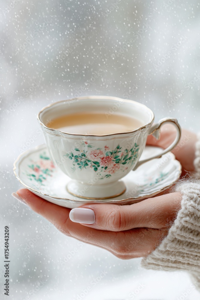Fototapeta premium Woman holding elegant teacup with floral design near window, showcasing cozy atmosphere and warm beverage, perfect for relaxation and comfort in winter