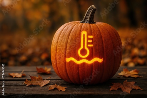 Glowing Jack o Lantern with Engine Coolant Temperature Warning Symbol — Spooky Automotive Halloween Pumpkin