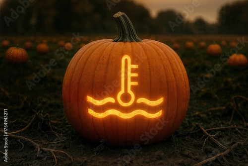 Glowing Jack-o'-Lantern with Engine Coolant Temperature Warning Symbol — Spooky Automotive Halloween Pumpkin