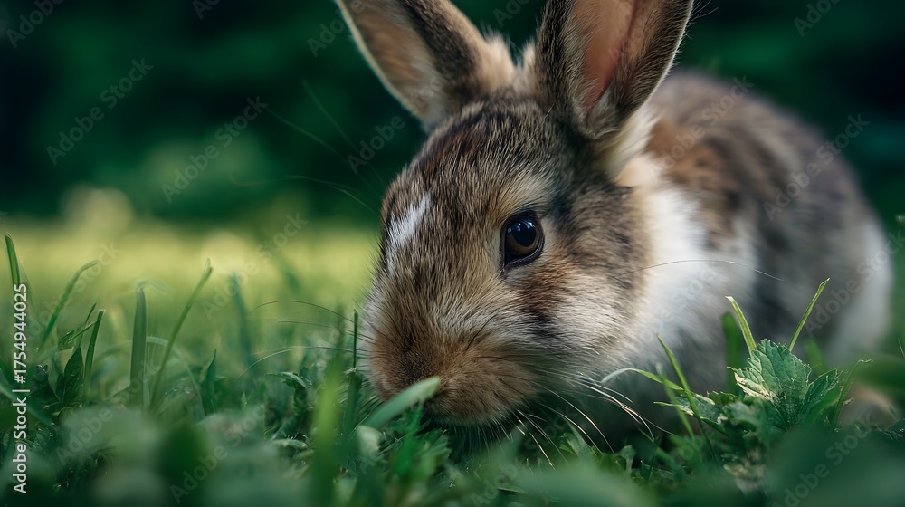 Fototapeta premium Close up of a cute rabbit foraging in lush green grass with soft natural light