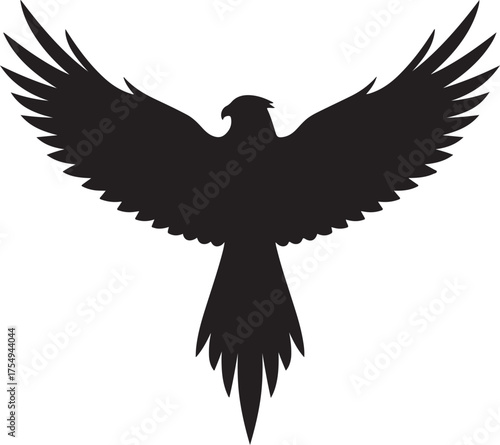 Black silhouette of a bird of prey with wings spread wide in flight on a white background eagle hawk