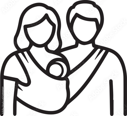 Joyful parents lovingly embrace their infant child in a carrier, celebrating family connection and new life