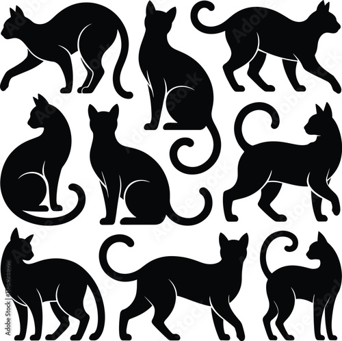 Black cat silhouettes in various poses elegant and mysterious theme