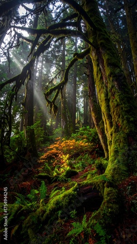 Wallpaper Mural Sunlight filters through a verdant forest canopy, highlighting mossy trees Torontodigital.ca