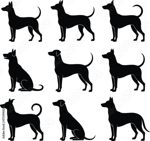Black dog silhouettes vector illustration representing various breeds and poses
