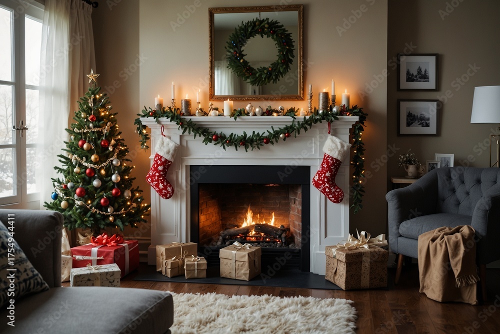 Fototapeta premium Festive living room with decorated fireplace and Christmas tree