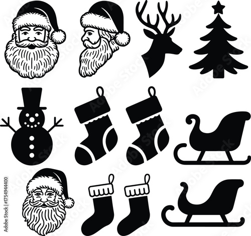 Christmas Elements Black Silhouette Collection with Santa Reindeer Snowman Sleigh Tree