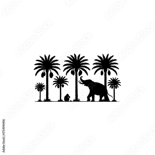 Palm trees and palm groves with elephants and monkeys