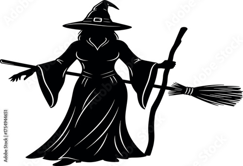 Mysterious silhouette of a classic witch holding a broomstick, embodying enchantment and magical folklore for festive Halloween designs and fantasy-themed projects