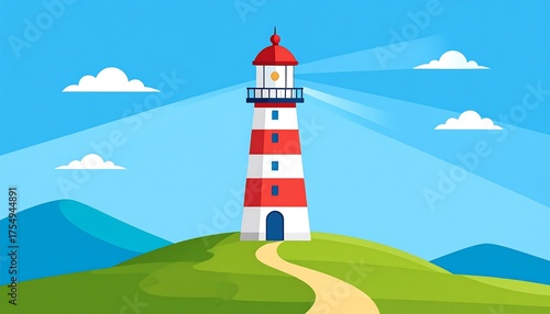 A vector illustration showcasing a striped red and white lighthouse with a red dome atop a green hill beneath a blue sky. Wisps of light emanate