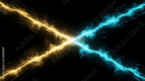 Golden Yellow and Cyan Blue Energy Beams Colliding Abstract Background Dynamic Light Streaks video