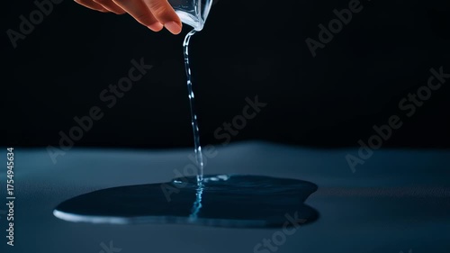 Close-Up Shot of Hand Pouring Black Liquid from Glass Container on Textured Surface in Studio Lighting