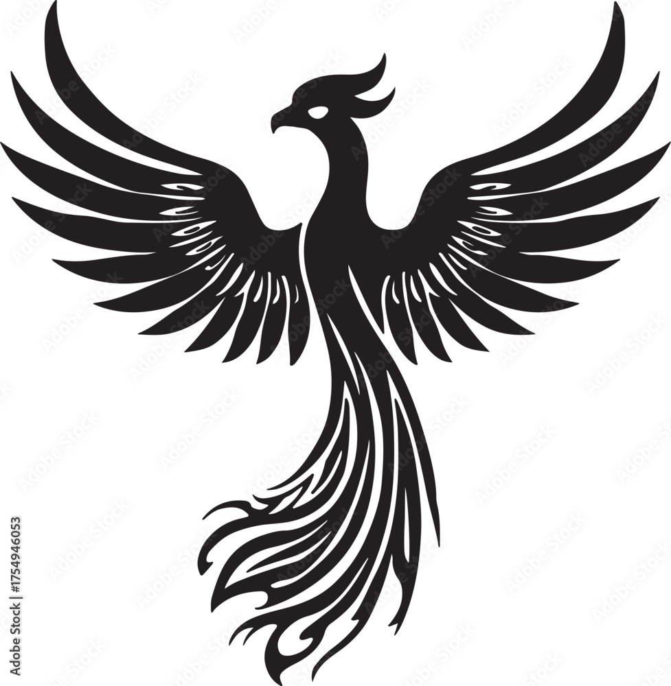 Fototapeta premium Stylized black phoenix bird silhouette with outstretched wings and flowing tail feathers on a white background