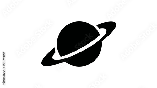 Black silhouette of a ringed planet on a white background, stylized and minimalist