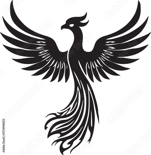 Stylized black phoenix bird silhouette with outstretched wings and flowing tail feathers on a white background