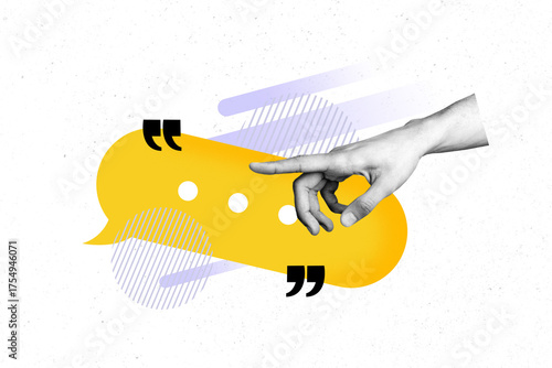 Photo art image poster 3d banner collage of human hands point bubble communication chatterbox icon dialogue phrase speech