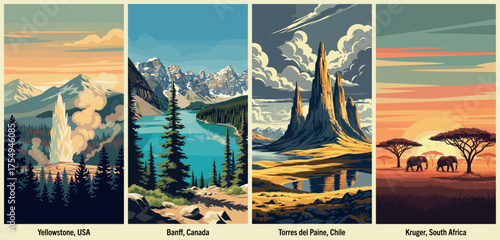 World National Parks Poster Set Featuring Yellowstone, Banff, Torres del Paine, and Kruger