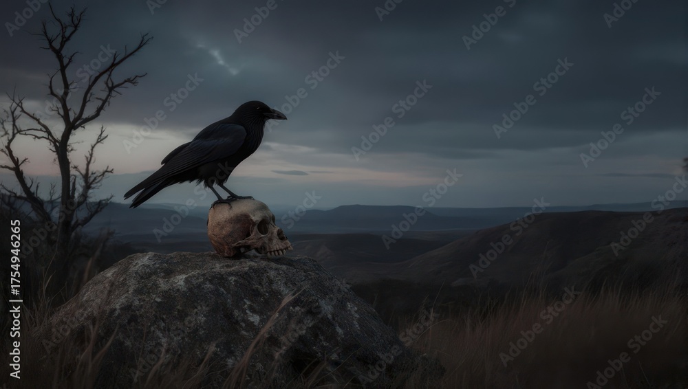 Fototapeta premium Ravens Perch - A Dark Omen on a Skull.