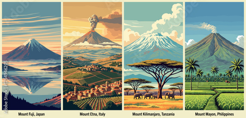 World Volcanoes Poster Set Featuring Fuji, Etna, Kilimanjaro, and Mayon