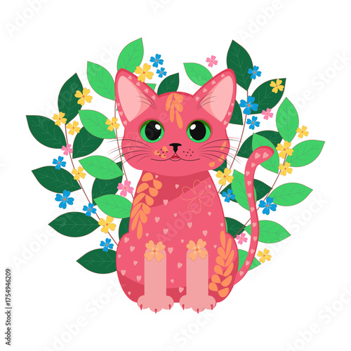 A cute happy pink cat on a white background, framed by flowers and various plants. Vector.