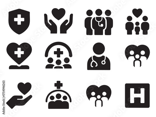 Minimal Black Healthcare and Family Icons – Medical, Hospital, Protection, Wellness, Support
