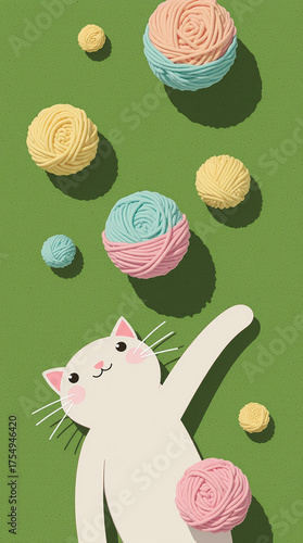 Playful White Cat Reaches for Colorful Yarn Balls on Green Background Perfect For Phone Wallpaper
