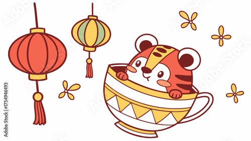 Cute Grumpy Tiger, accessorized with in a teacup, in a Lunar New Year / Chinese New Year world – Year of the Dragon (or relevant animal) palette vector