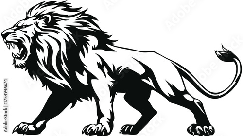 Black and white illustration of a roaring lion standing in side profile