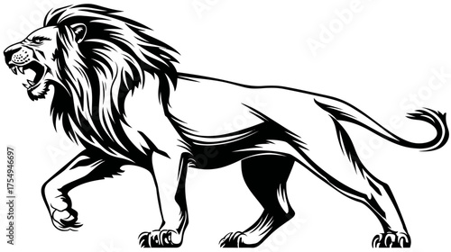 Black and white illustration of a roaring lion in mid-stride, mane blowing, tail curled