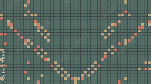 Abstract pattern featuring teal squares with diagonal lines of peach and tan squares forming a v shape